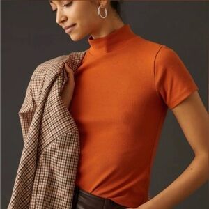 Maeve Anthropologie Ribbed Mock Neck Fitted Short Sleeve Orange Tee Small